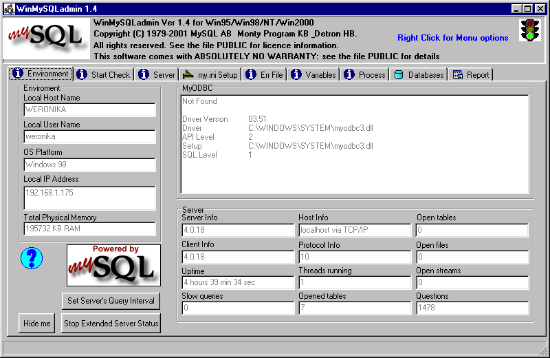 Instalacja serwera MySQL (8) Po podaniu nazwy użytkownika i hasła w pasku zadań powinna się pokazać ikona semafora drogowego z zielonym światłem, co oznacza, że serwer działa.