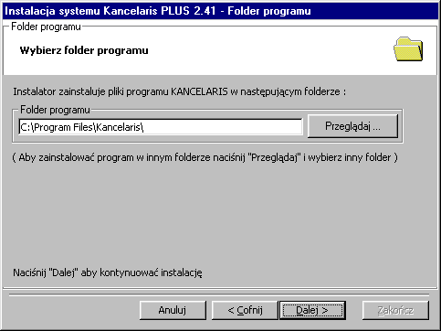 Instalacja na stanowiskach Wybór folderu programu W oknie tym wskazujemy folder programu - lokalny folder, w którym znajdą się pliki z programem (.exe,.mdb).