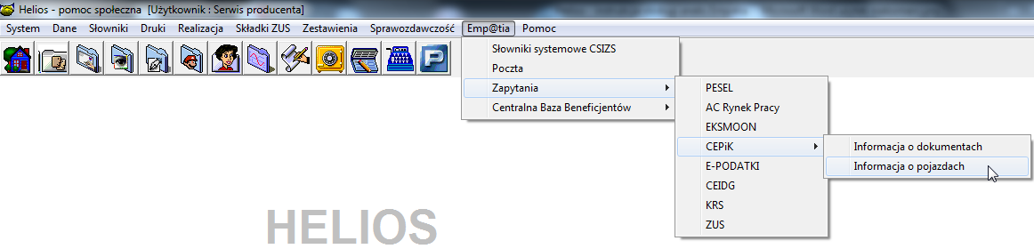 d 2) Informacja o pojazdach HELIOS pomoc społeczna W celu uzyskania informacji o pojazdach osoby zapisanej na bazie systemu dziedzinowego z danych zapisanych w bazie CEPIK wybieramy z głównego menu