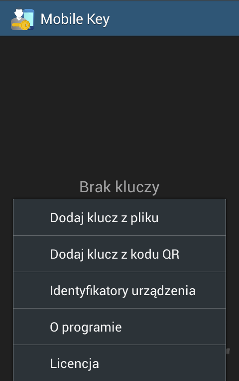 Rysunek 4. Ekran menu aplikacji Mobile Key Na ekranie telefonu pojawi się obraz z tylnej kamery. Należy skierować widok na kod QR tak, jakbyśmy chcieli zrobić mu zdjęcie, następnie chwilę poczekać.