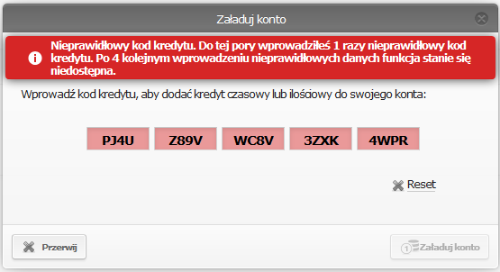 Uwaga: Konto jest powiązane z kartą administratora kredyt ilościowy zostanie utracony w razie uszkodzenia lub zgubienia karty administratora.
