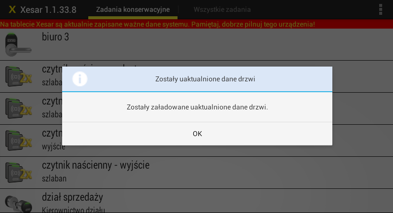 Po pomyślnym wykonaniu synchronizacji (Rys. 127: Tablet Xesar został pomyślnie zsynchronizowany) w oknie oprogramowania Xesar pojawi się odpowiednia informacja.