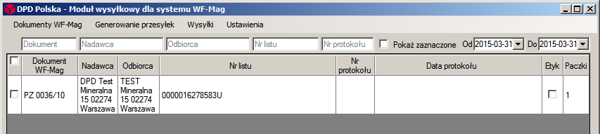 4. Działanie modułu Zakładka Wysyłki Tabela zawiera wszystkie wygenerowane listy. Listę można filtrować po nazwie kontrahenta, numerze listu lub protokołu oraz z konkretnego przedziału czasowego.