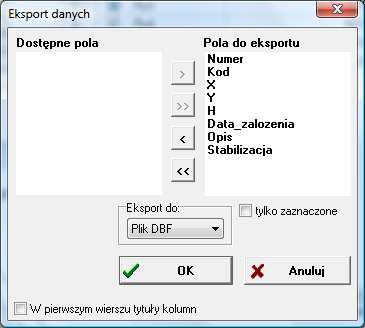 Eksport do DBF Wskazać