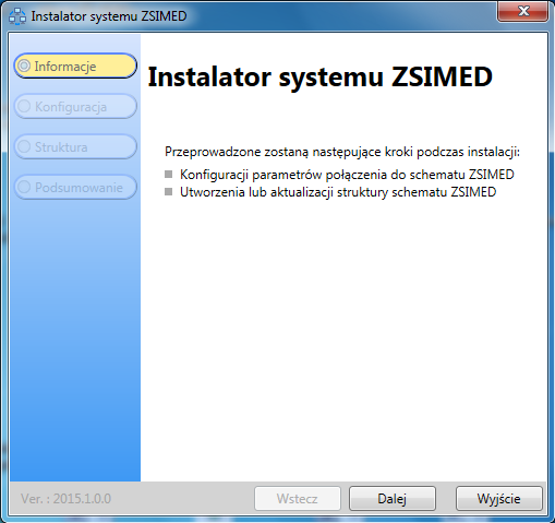 Po wybraniu przycisku [F5] Konfigurator ZSIMED otworzy się okno instalatora. Rys 26. Okno instalatora systemu ZSIMED Proces instalacji należy wykonać w sposób opisany w rozdziale 1.2.1 Instalacja systemu ZSIMED.