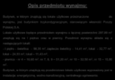 Przedmiot wynajmu składa się z następujących lokali: - I piętro - świetlica 98,35 m 2, zaplecze świetlicy 14,41 m 2, lokal - 32,77 m 2, lokal 24,93 m 2, lokal 11,43 m 2, -