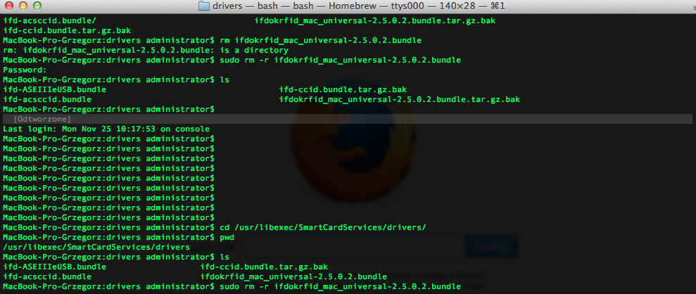 Rysunek 20 aplikacja Terminal lokalizacja sterowników czytnika W kolejnym kroku należy usunąć katalog poniższym poleceniem: sudo rm -r ifdokrfid_mac_universal-2.5.0.2.bundle Rysunek 21 aplikacja Terminal usunięcie sterowników czytnika 4.