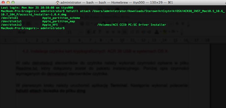 hdiutil attach /ścieżka do pliku dmg Rysunek 22 aplikacja Terminal montowanie pliku dmg Nastepnie