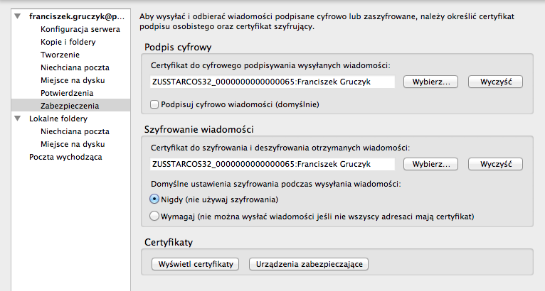 W kolejnym kroku wskaż certyfikaty do podpisywania i szyfrowania.