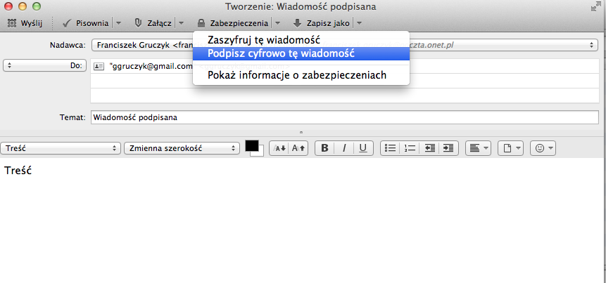 Rysunek 73 Redagowanie i podpisywanie wiadomości Thunderbird Po wybraniu podpisywania poczty wyślij wiadomość do odbiorcy. W elementach wysłanych znajduje się wiadomość podpisana cyfrowo.