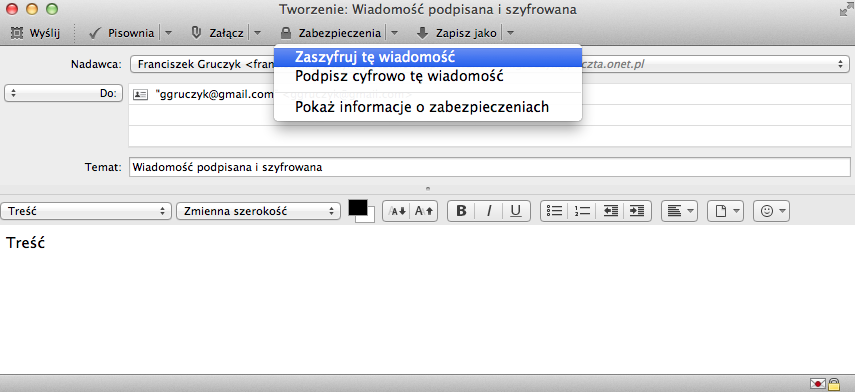 wysłanych pojawi się wiadomość podpisana i szyfrowana.