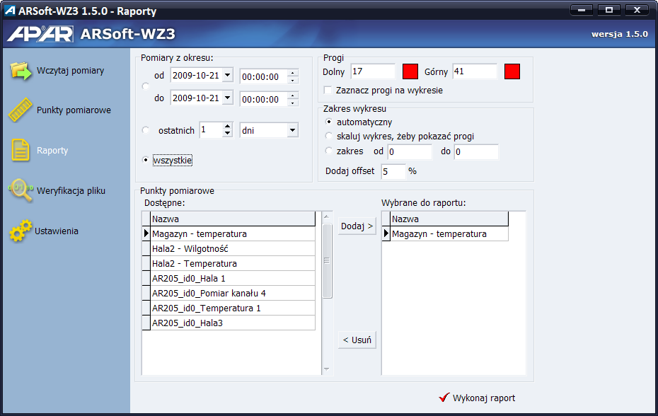 6. Raporty Prezentację graficzną i tabelaryczną zarchiwizowanych pomiarów umożliwia menu 'Raporty'. Raporty mogą być wykonywane dla dowolnego okresu i do 8 wybranych punktów pomiarowych.