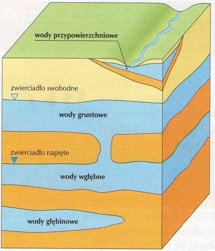 Rodzaje wód podziemnych Wody przypowierzchniowe zalegają bardzo płytko pod powierzchnią ziemi, w zagłębieniach terenu i dolinach rzecznych, nad brzegami jezior. Są silnie zanieczyszczone.