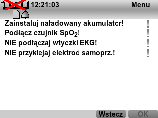 Kontrola poprawności działania Podczas kontroli poprawności działania akumulator oraz karta pamięci SD powinny znajdować się w urządzeniu, a kabel przyłączeniowy czujnika pulsoksymetrycznego musi być