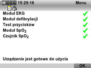 Kontrola poprawności działania Pojawia się raport stanu (przykład): 13. Jeżeli to konieczne: Dwukrotnie wcisnąć przycisk menu, aby przerwać kontrolę poprawności działania. Pojawia się raport stanu. 14.