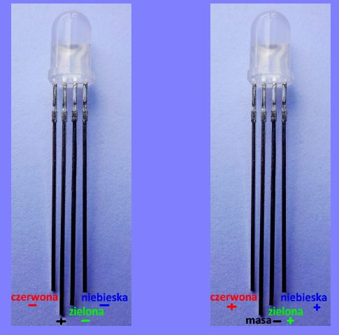 rys.2 O ile w zestawie znajduje się dioda RGB ze wspólną katodą (czyli wspólną masą, "-"), możemy śmiało budować układ zgodnie z przedstawionym w konspekcie zgodnie z przedstawionym wyżej rys.1.