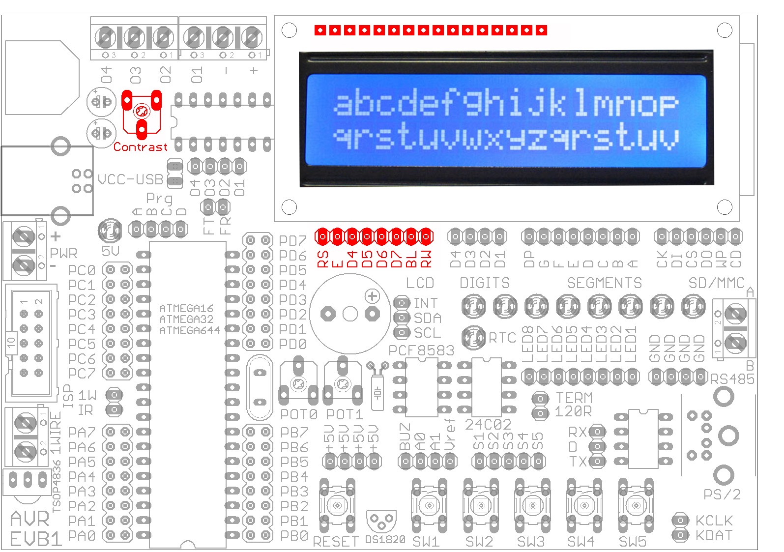 Wyświetlacz LCD Na płytce zostało zainstalowane gniazdo wyświetlacza alfanumerycznego LCD zgodnego ze sterownikiem HD44780.