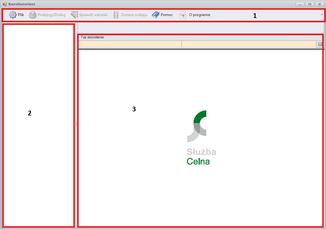 Ekran użytkownika i nawigacja 1. Początek Po uruchomieniu aplikacji można zauważyć że ekran programu składa się z trzech głównych części. Rysunek 3.