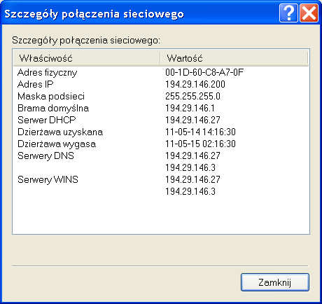 Wybierając Stan mamy do dyspozycji Szczegóły pokażą te same informacje, co polecenie ipconfig.