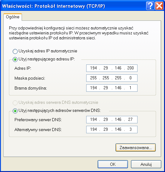 Można określić właściwości składników (klientów) sieciowych oraz uaktywnić obsługę określonych protokołów sieciowych. Wybierając właściwości protokołu TCP/IP możemy przejść do jego konfiguracji.