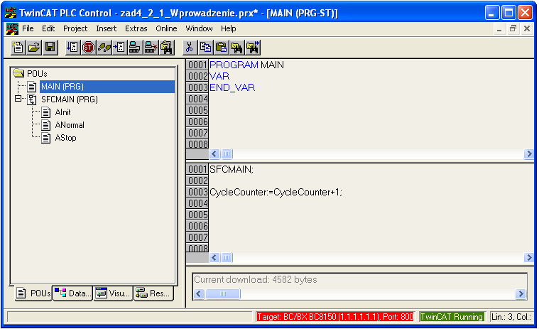 Aby prowadzić w programie licznik cykli sterownika, powyższy program można zmodyfikować zmieniając nazwę programu SFC na SFCMAIN (klikając lewym klawiszem myszy na nazwie MAIN w oknie organizacji