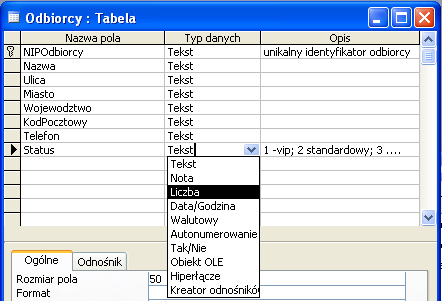 Określanie typu danych Definiowanie/Zmiana typu danych: Klikamy pole Typu danych pola dla