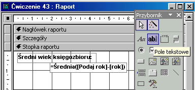 Podgląd wydruku pokaże cenę łączną wszystkich książek obniżoną o 15% i wartość tej obniżki. Jak to zrobić? Lektury - ćwiczenie 43. Utwórz raport w widoku projekt dla tabeli Lektury.