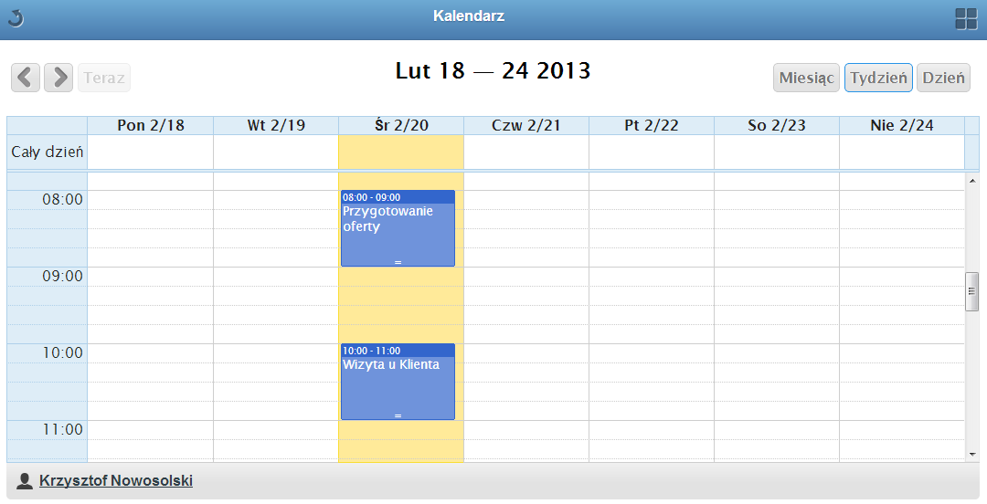 Kalendarz W Panelu Menadżera można oglądać, edytować, a także dodawać zadania w widoku dnia/tygodnia/miesiąca w swoim kalendarzu pracy, a także innego użytkownika systemu Streamsoft Prestiż.