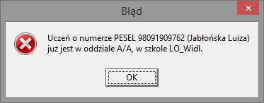 uczniów? 3/5 Podczas importu sprawdzana jest poprawność kodu szkoły oraz unikalność numeru PESEL. Jeśli wystąpią niezgodności, program wyświetla odpowiednie komunikaty.