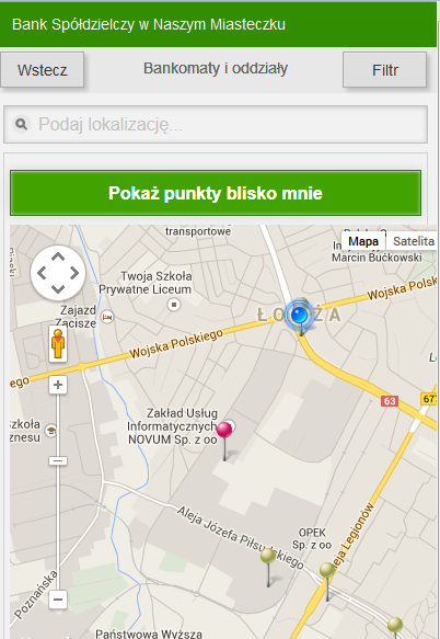 2. Sprawdzić punkty (placówki banku, bankomaty, wpłatomaty) w dowolnym miejscu Polski, wpisując nazwę miejscowości w polu tekstowym Podaj lokalizację i kliknąć na lupkę lub wybrać z klawiatury