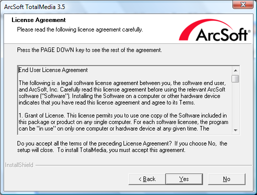 Krok 7: Naciśnij Next aby kontynuować proces instalacji Krok 8: Wybierz Yes aby zaakceptować warunki licencyjne Arcsoft