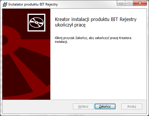 Aby zakończyć pracę instalatora należy wybrać przycisk Zakończ. Na pulpicie pojawi się ikona programu BIT Rejestry, dzięki której możliwe jest uruchomienie programu.