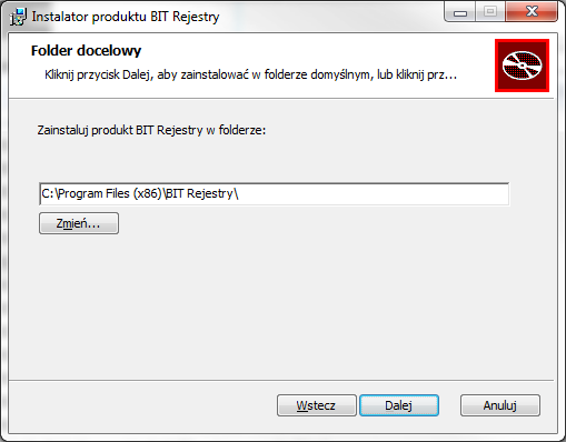 Następnym krokiem jest wskazanie miejsca instalacji aplikacji. Domyślnym folderem docelowym jest C:\Program Files\BIT Rejestry\.