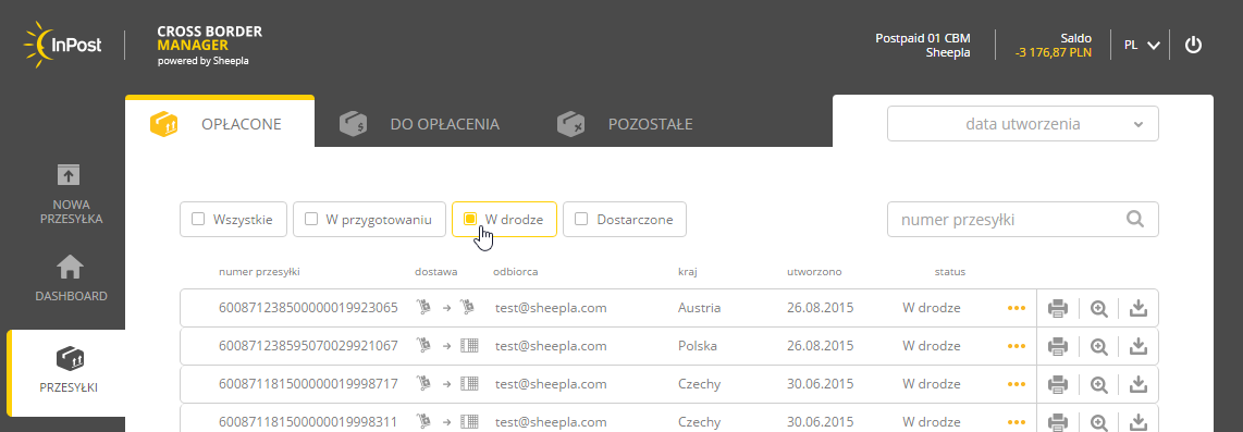 Zakładka Opłacone prezentuje wszystkie przesyłki, które zostały opłacone i znajdują się w statusie przygotowania, gotowości do wysyłki lub znajdują się w transporcie do odbiorcy.