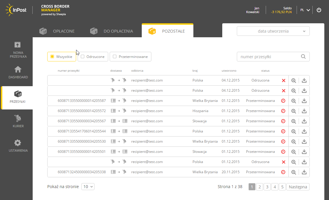W zakładce Pozostałe znajduje się lista wszystkich przesyłek, które zostały odrzucone przez przewoźnika np.