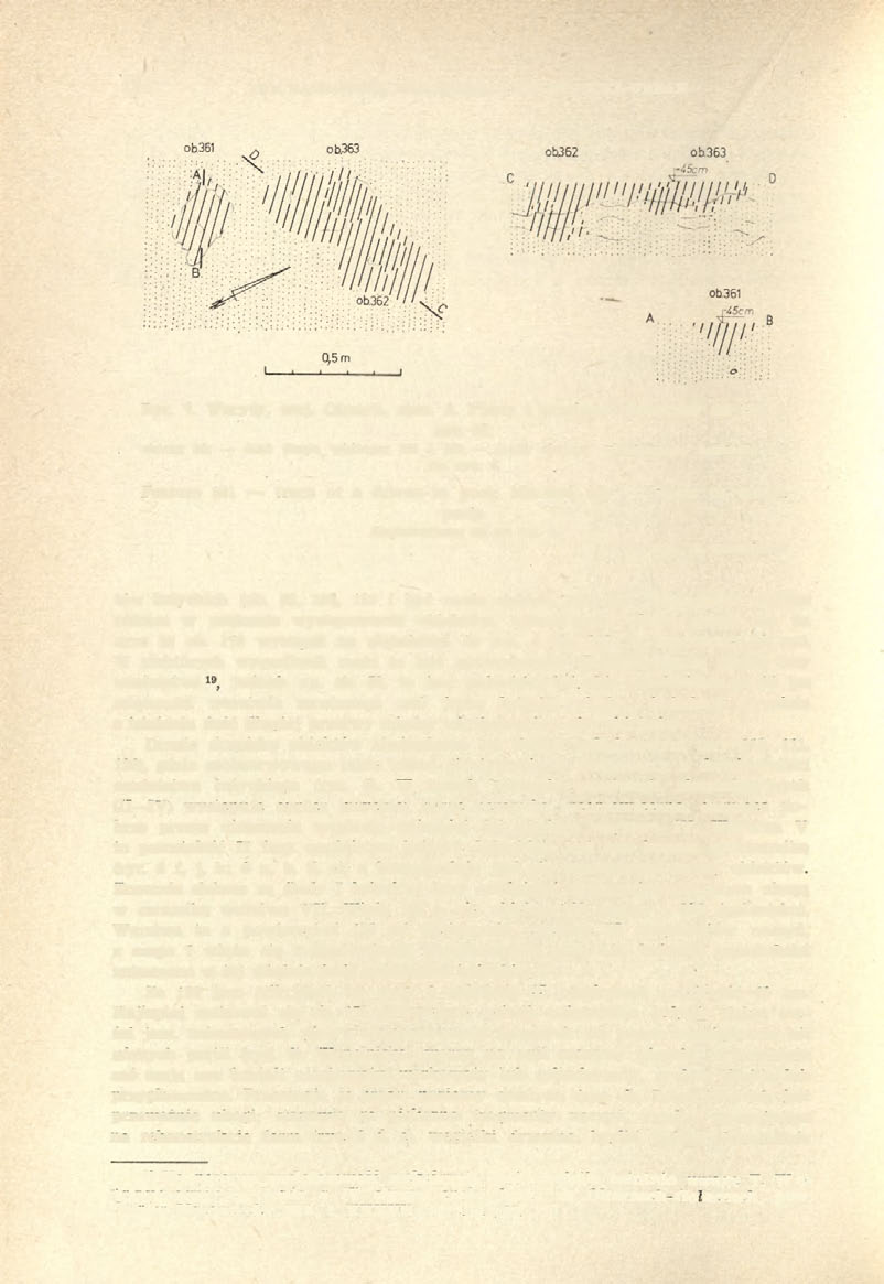 154 JAN DĄBROWSKI, MAŁGORZATA MOGIELNICKA-URBAN Ryc. 7. Woryty, woj. Olsztyn, stan. 2. Plany i przekroje obiektów na ćw. A aru 65: obiekt 361 ślad słupa wbitego; 362 i 363 ślady słupów wkopanych.