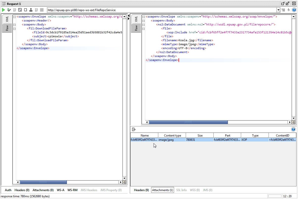 Rysunek 4 Okno aplikacji SoapUI z odpowiedzią metody downloadfile usługi FileRepoService Po należytym wykonaniu wyżej opisanych czynności proces kończy się sukcesem, a wysłany na początku plik