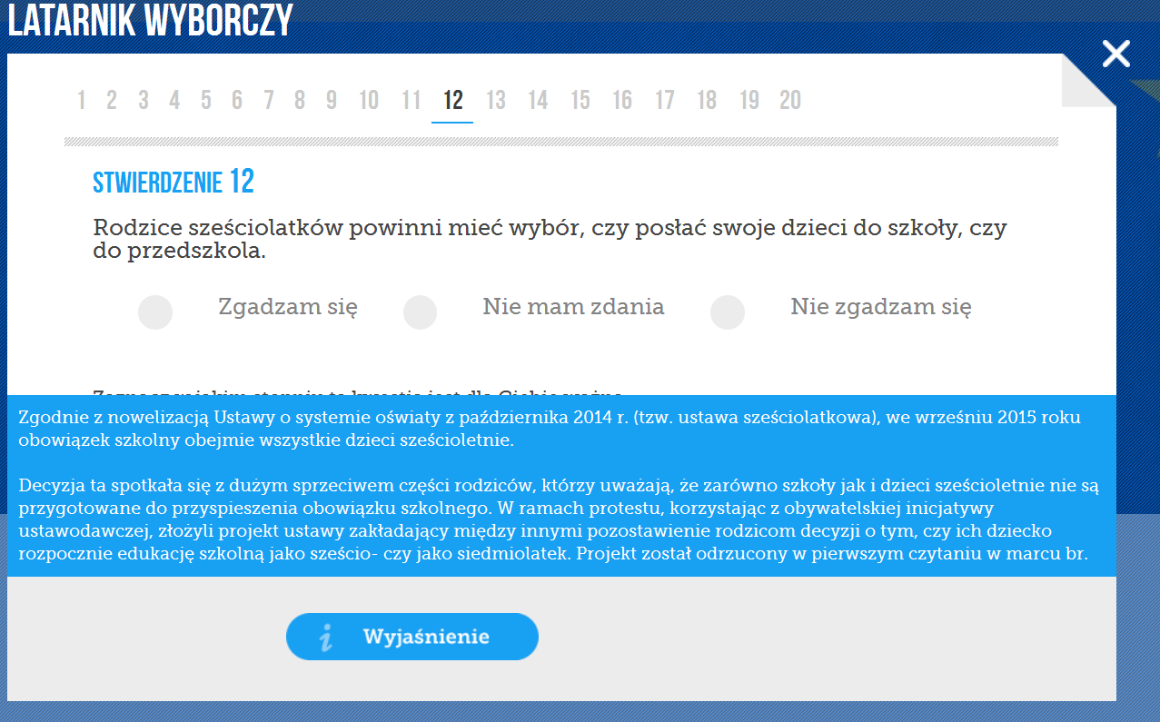 Po wypełnieniu całego testu aplikacja pokazuje w formie wykresu, uporządkowanego według procentowej zgodności, w jakim stopniu udzielone odpowiedzi zgadzają się z programami poszczególnych kandydatów