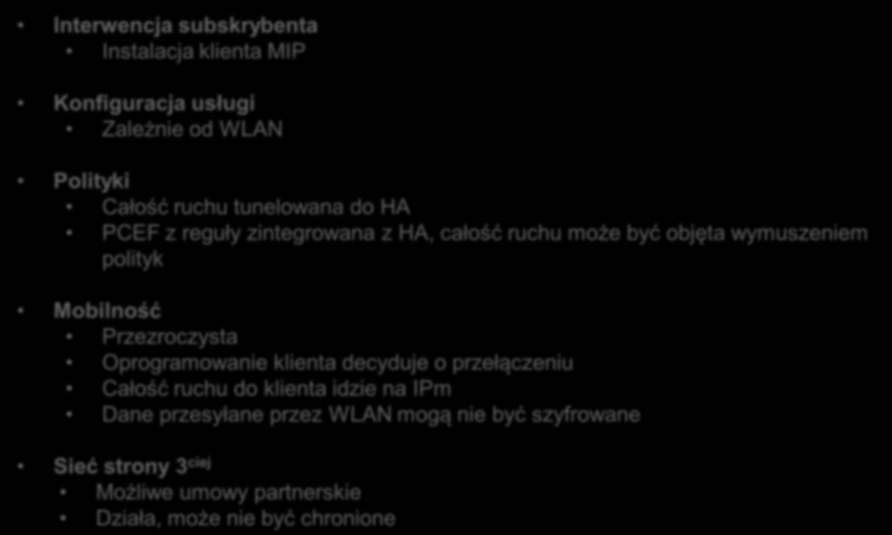 MIP Client IPm IPw 3 rd Party Interwencja subskrybenta Instalacja klienta MIP Konfiguracja usługi Zależnie od WLAN Hot Zone Hot Spots 3GPP Radio Możliwe BTS umowy partnerskie 3. 5. SGSN DHCP 1.