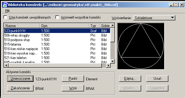 Wstawić w miejscu wczytanych punktów symbol 123-punktXYH 3. Wczytanie przykładowych znaków topograficznych: - Element > Komórki > Plik > Dołącz > Dyski (np. D) Foldery ( np.