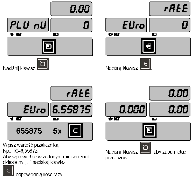 7.3 Programowanie waluty Euro 7.4 Przeliczanie waluty Naciśnięcie klawisza Euro spowoduje przejście wagi do wskazywania cen i naleŝności w walucie EURO.