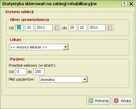 Statystyka skierowań na zabiegi rehabilitacyjne Wpisz Okres sprawozdawczy w pola tekstowe lub skorzystaj z modułu kalendarza, klikając ikonkę Kliknij strzałkę i z rozwijanego menu wybierz Lekarza