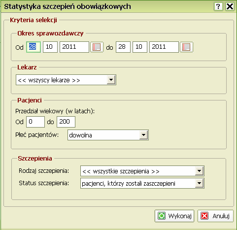 Statystyka szczepień obowiązkowych Wpisz Okres sprawozdawczy w pola tekstowe lub skorzystaj z modułu kalendarza, klikając ikonkę Kliknij strzałkę i z rozwijanego menu wybierz Lekarza Wypełnij pola