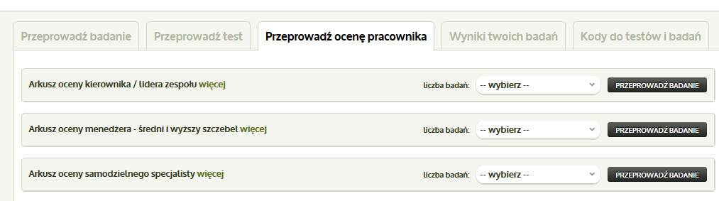 4. Po zalogowaniu się znajdziesz się w sekcji portalu nazwanej Przeprowadź ocenę pracownika. Przejedź w dół ekranu do interesującego Cię badania. 5.