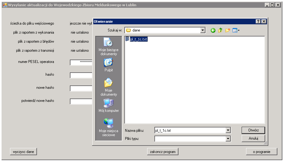 Po kliknięciu przycisku wyboru pliku aktualizacji wyświetla się okno, w którym