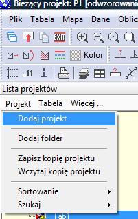 html Menu Plik, Projekty. Pojawi się lista istniejących projektów.