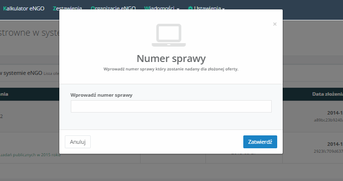 Rysunek 18 Nadawanie numeru sprawy dla oferty Po kliknięciu przycisku Numer sprawy, pojawi się okienko z polem, do którego należy wpisać właściwy numer, a następnie zatwierdzić przyciskiem Zatwierdź.