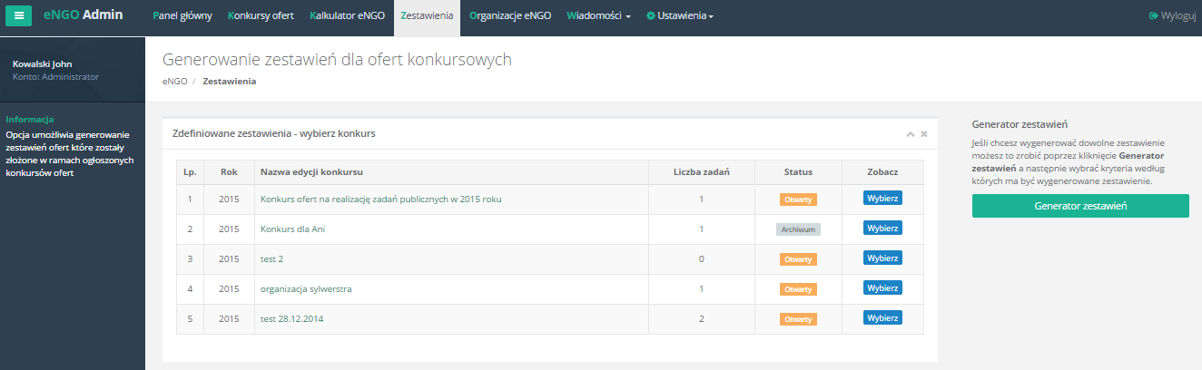 8. Zestawienia Wybierając z górnego menu opcję Zestawienia, administrator zostanie przeniesiony do ekranu pokazanego poniżej: Rysunek 25 Zestawienia 8.