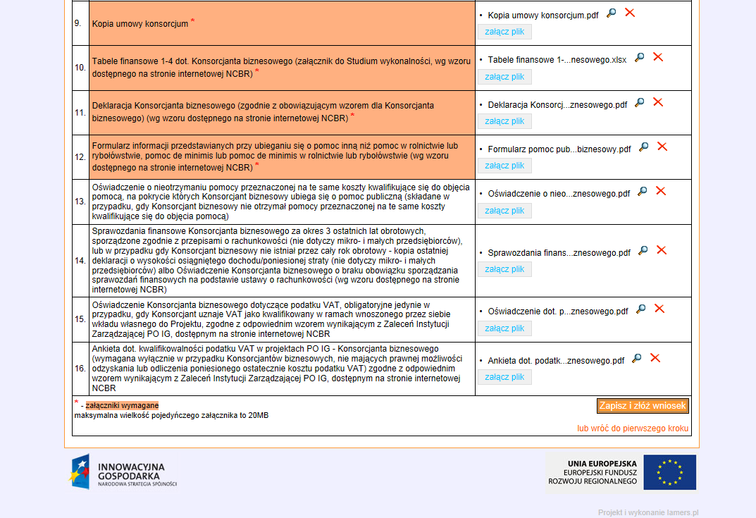Uwaga: W przypadku niezałączenia wszystkich obligatoryjnych załączników pojawi się