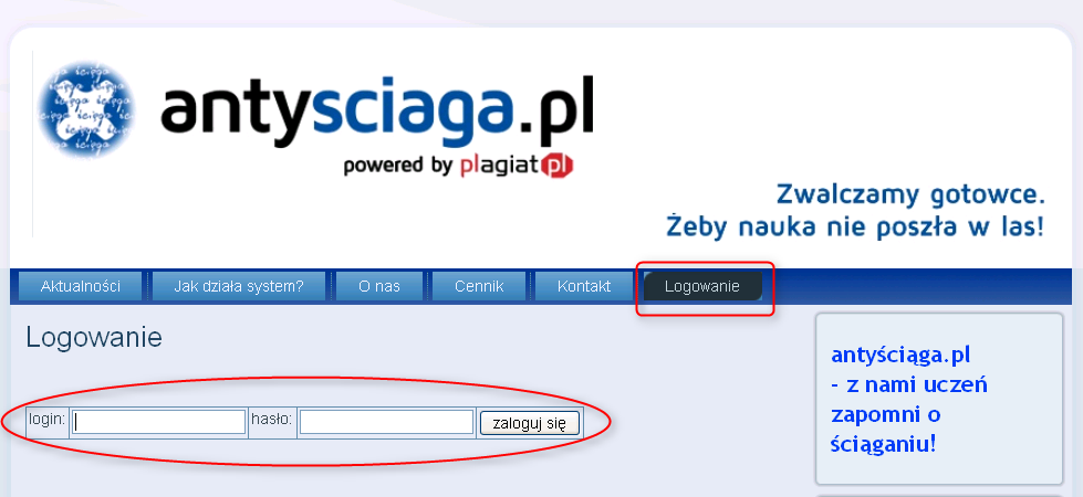 I. Logowanie Aby zalogować się jako Szkolny Administrator Systemu Antyplagiatowego (dalej SAS), należy: A. wejść na stronę internetową www.antysciaga.